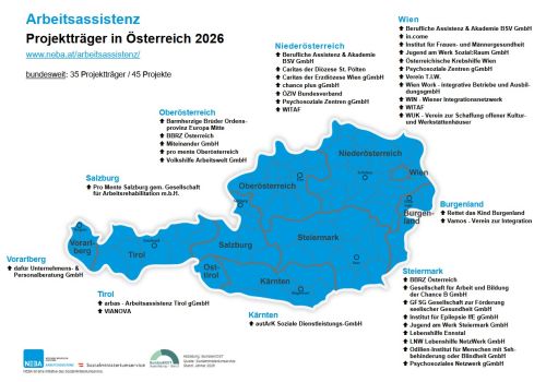 österreichische Landkarte für Projektträger in Arbeitsassistenz; im Vollbild anzeigen, PDF-Alternative direkt unterhalb